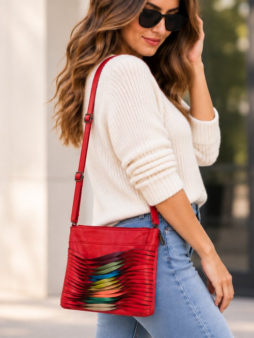 Mellow World Red Vegan Leather Rainbow Twist Crossbody Bag Wristlet Clutch
